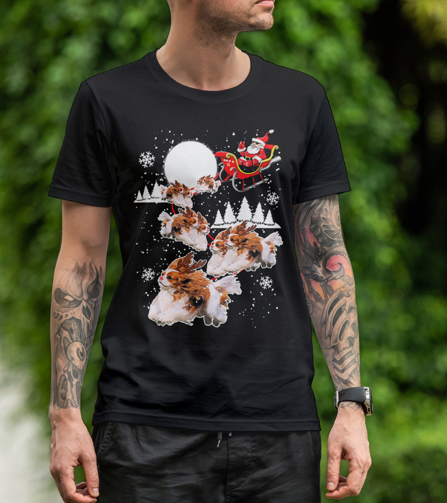 Santa Cavalier King Charles Spaniel Sleigh With Reindeer Dogs Snowflakes T-Shirt