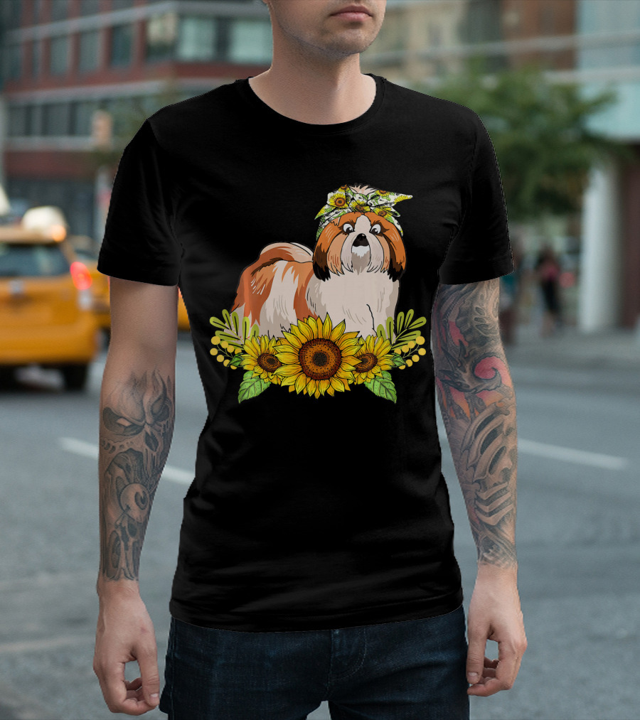Shih Tzu Sunflower Floral Bandana T-Shirt