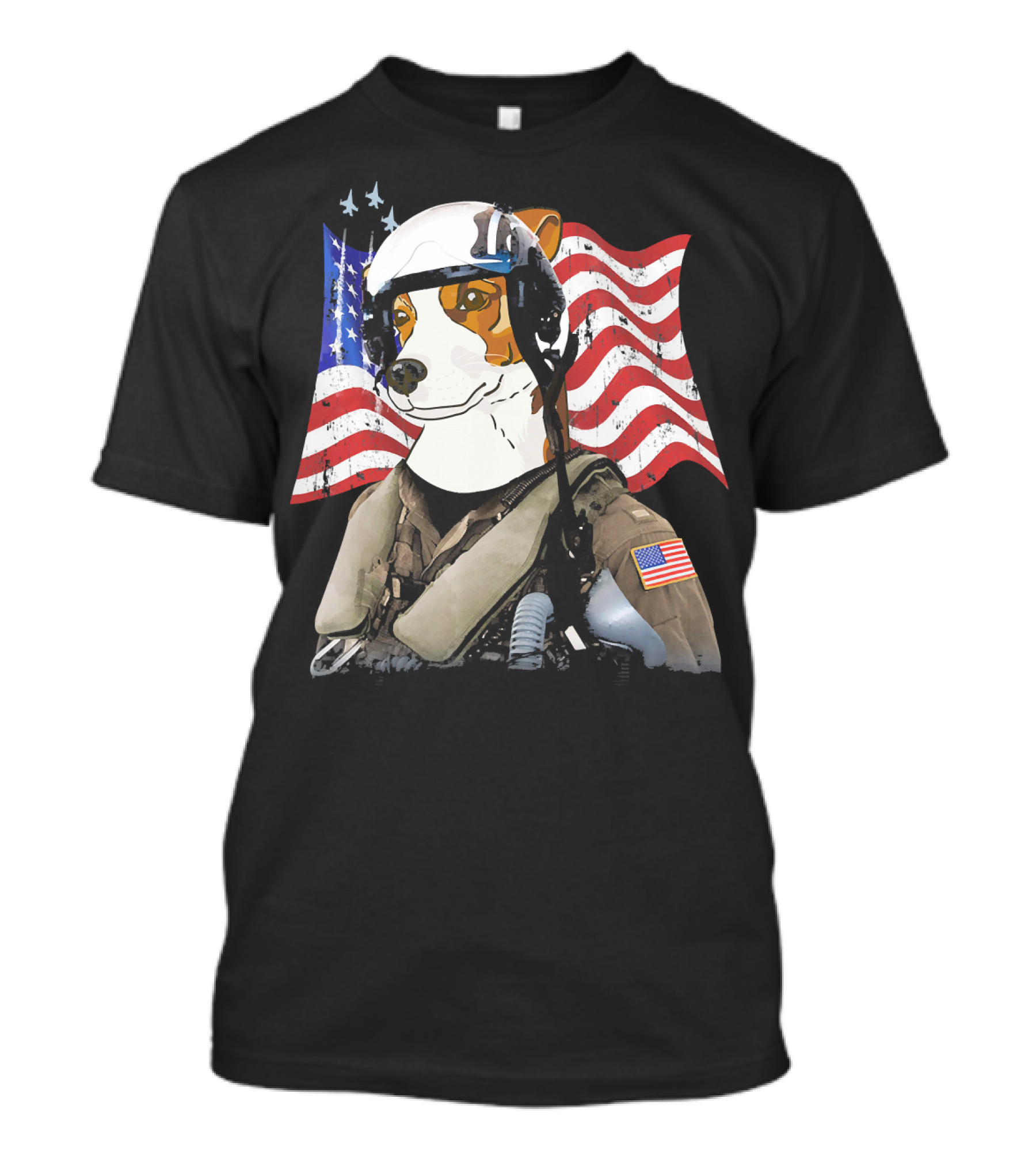 The Patriotic Jack Russell Terrier Combat Pilot With American Flag Background T-Shirt