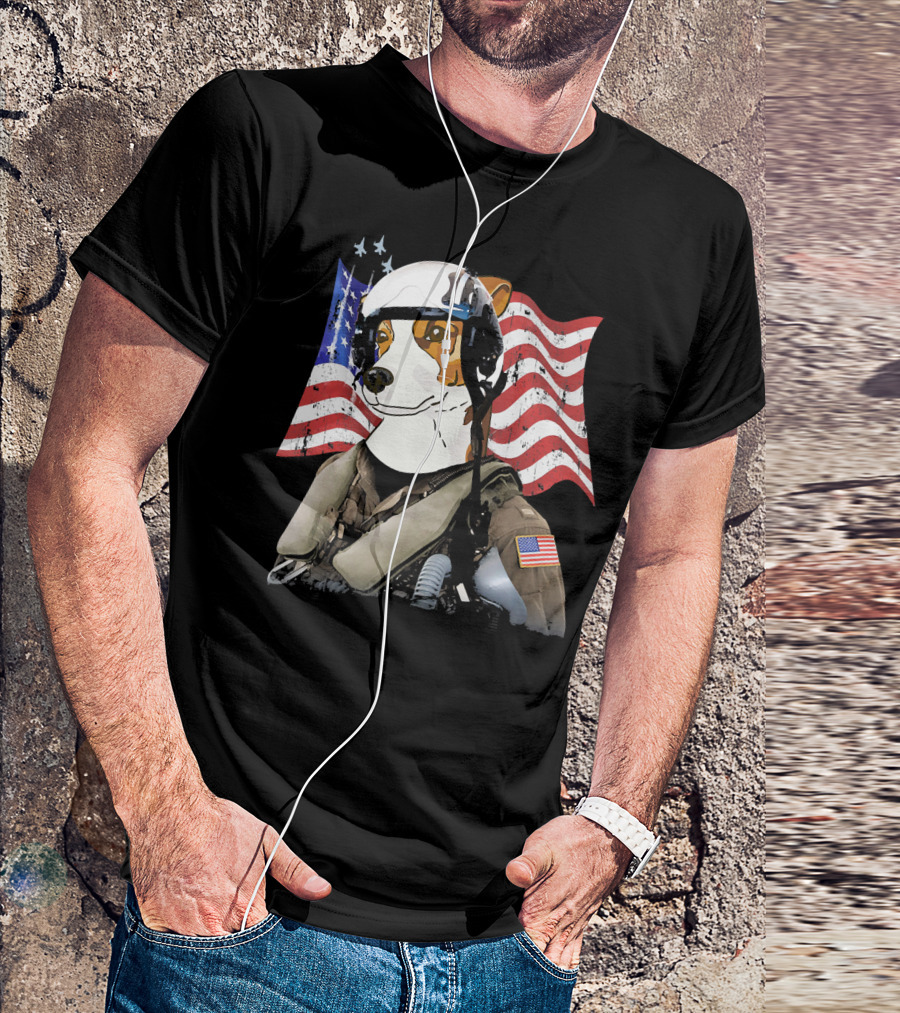 The Patriotic Jack Russell Terrier Combat Pilot With American Flag Background T-Shirt