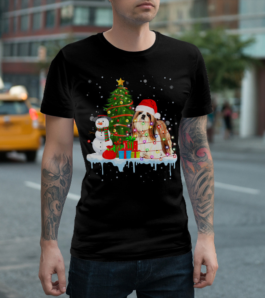 Shih Tzu Dog Costume Santa Hat Christmas Tree Lights Snowman T-Shirt