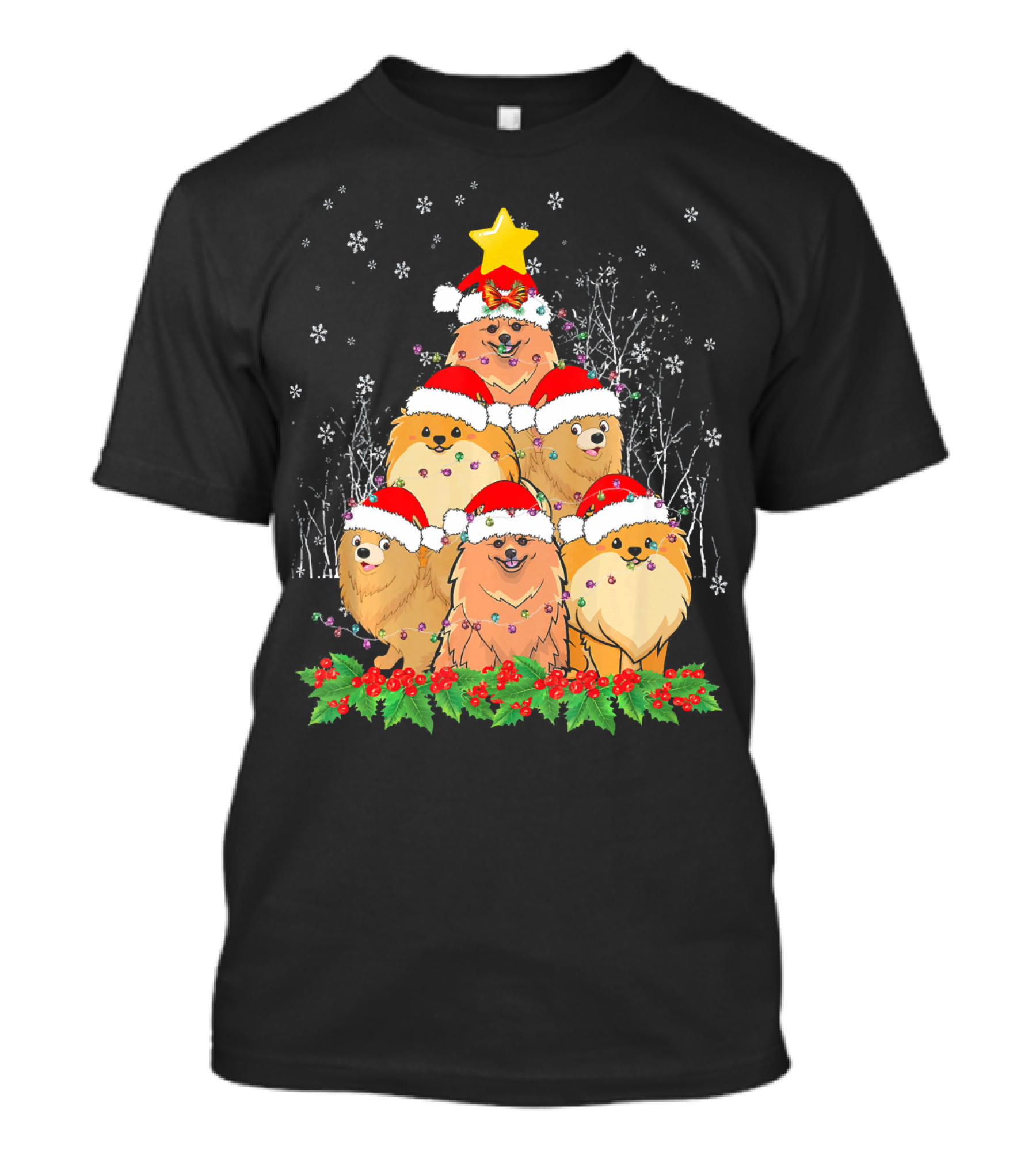 Pomeranian Christmas Tree With Santa Hats And Snowflakes T-Shirt
