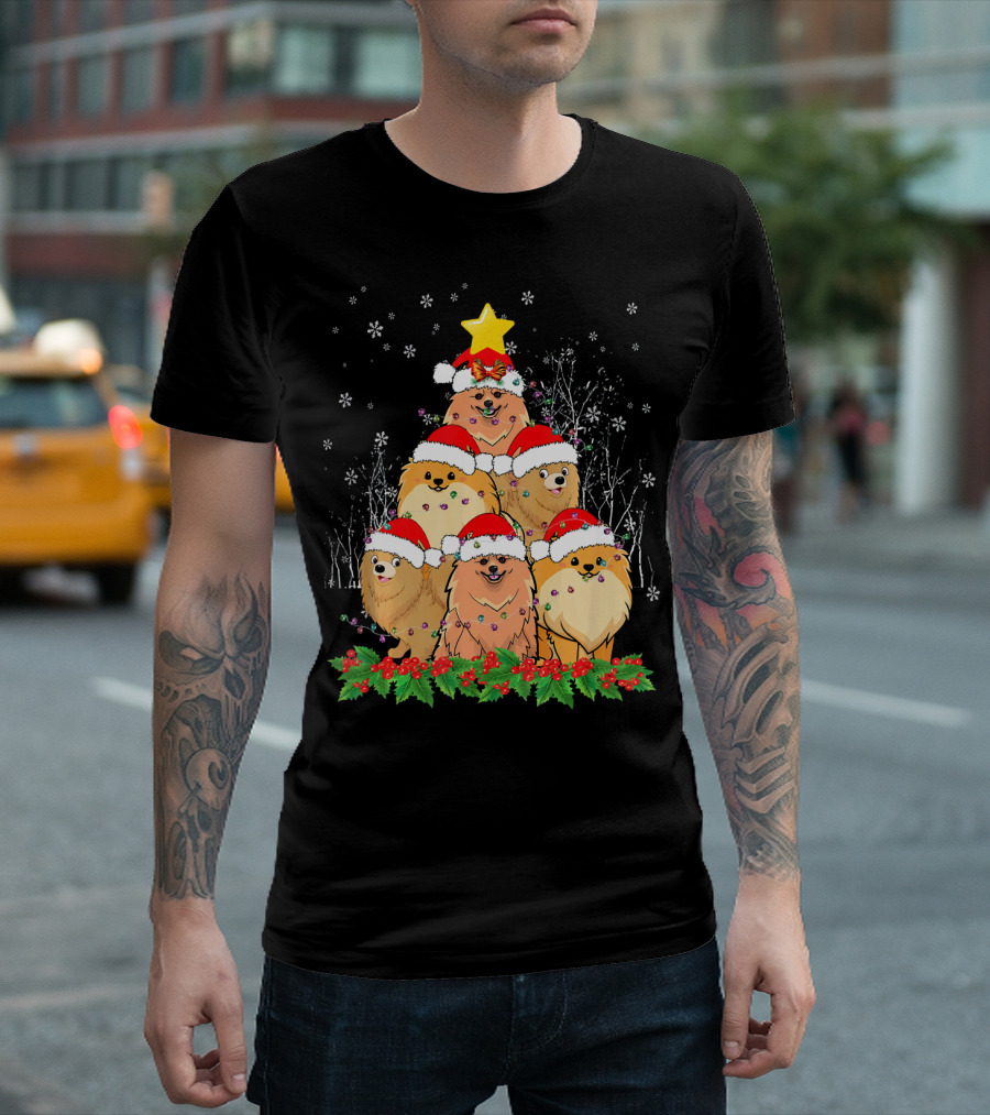 Pomeranian Christmas Tree With Santa Hats And Snowflakes T-Shirt