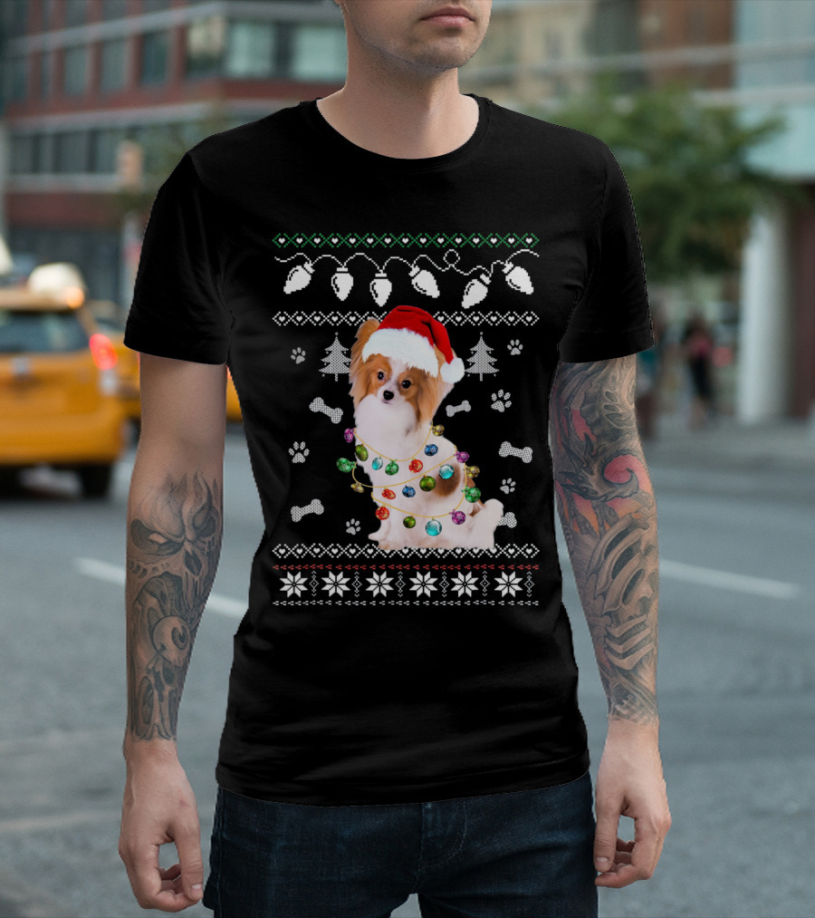 Papillon Christmas Dog Ugly Sweater Lights Santa Hat T-Shirt