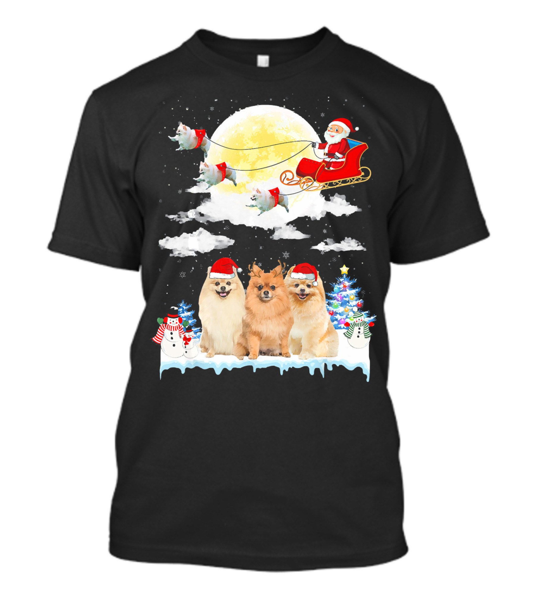 Pomeranian Dogs With Santa Sleigh Christmas Scene T-Shirt