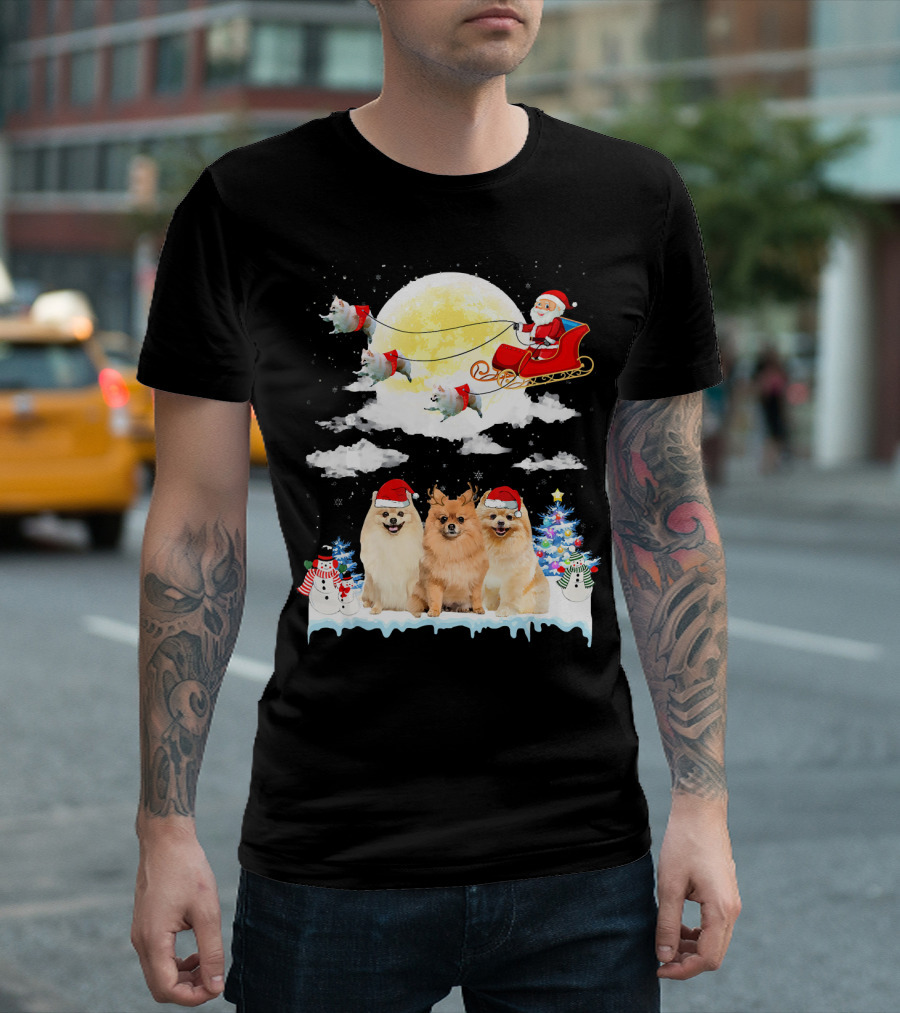 Pomeranian Dogs With Santa Sleigh Christmas Scene T-Shirt