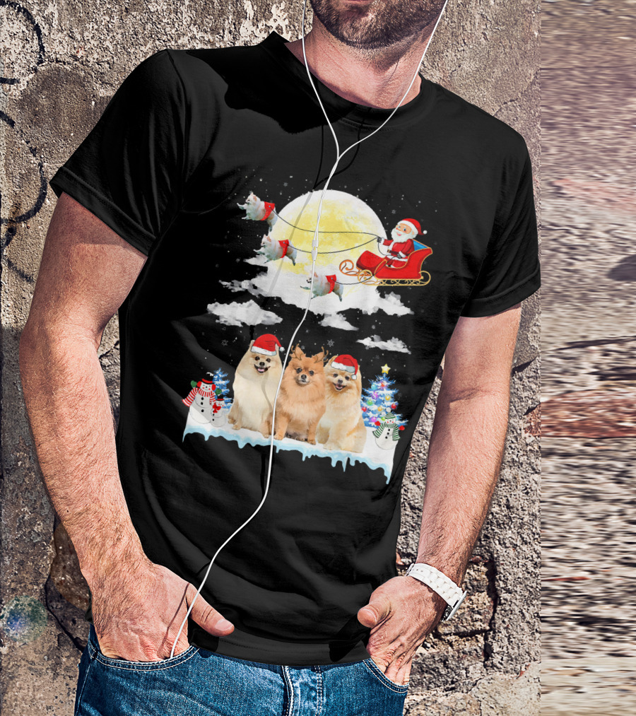 Pomeranian Dogs With Santa Sleigh Christmas Scene T-Shirt