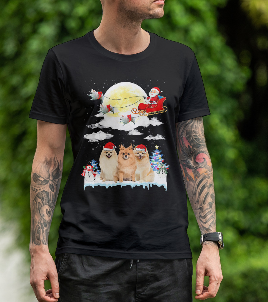 Pomeranian Dogs With Santa Sleigh Christmas Scene T-Shirt