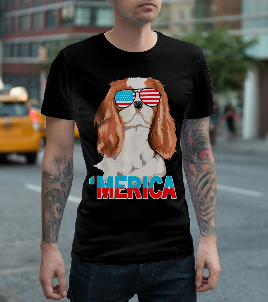 Cavalier King Charles Spaniel 'Merica USA Flag Sunglasses T-Shirt