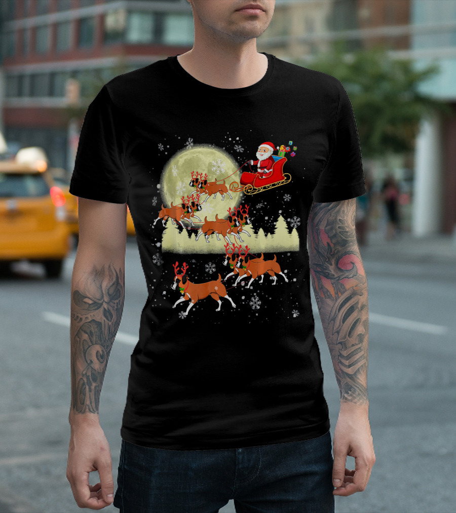 Santa Claus Sleigh with Reindeer Boxer Dogs Christmas Scene T-Shirt