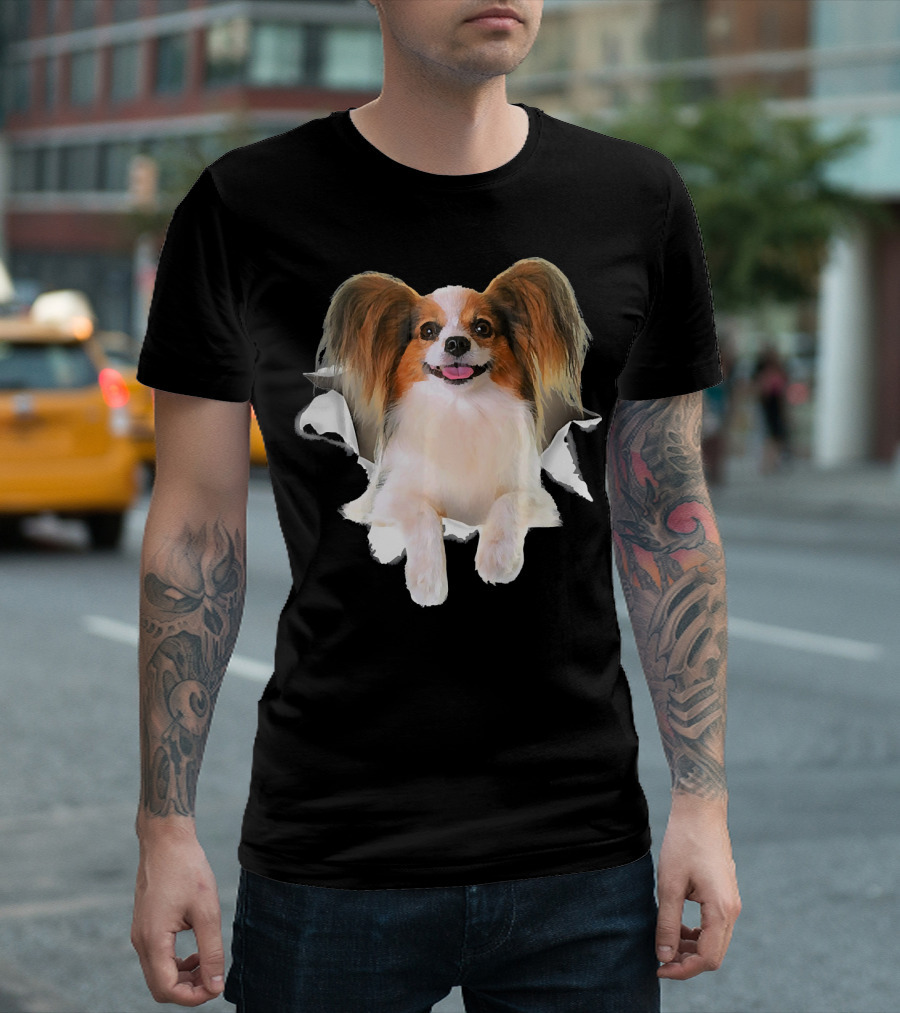 Papillon Torn Dog Inside Hole Mid T-Shirt