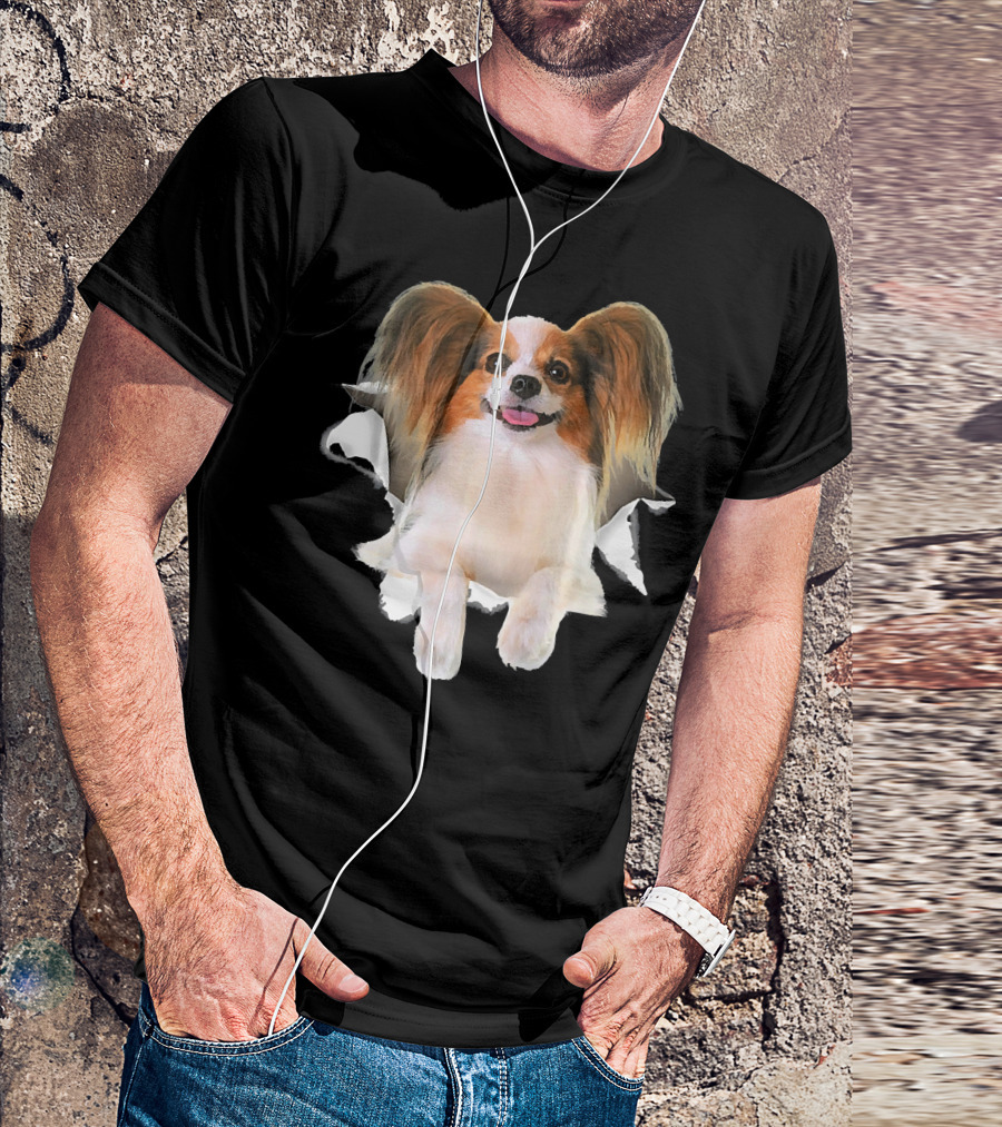 Papillon Torn Dog Inside Hole Mid T-Shirt