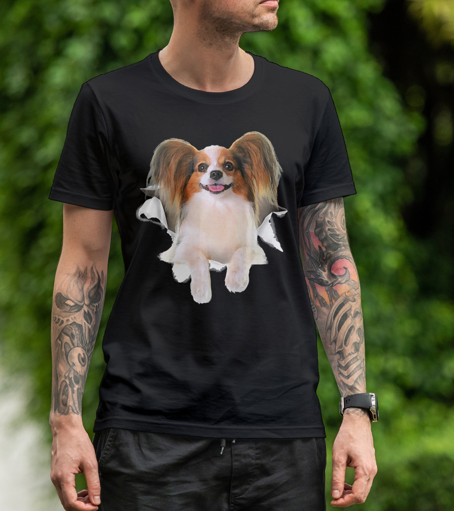 Papillon Torn Dog Inside Hole Mid T-Shirt
