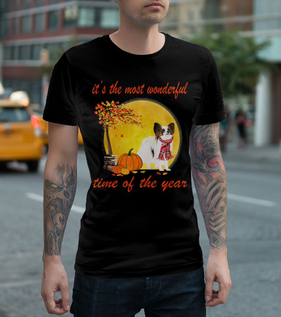 It's The Most Wonderful Time of the Year Papillon Dog Autumn Pumpkins Books T-Shirt