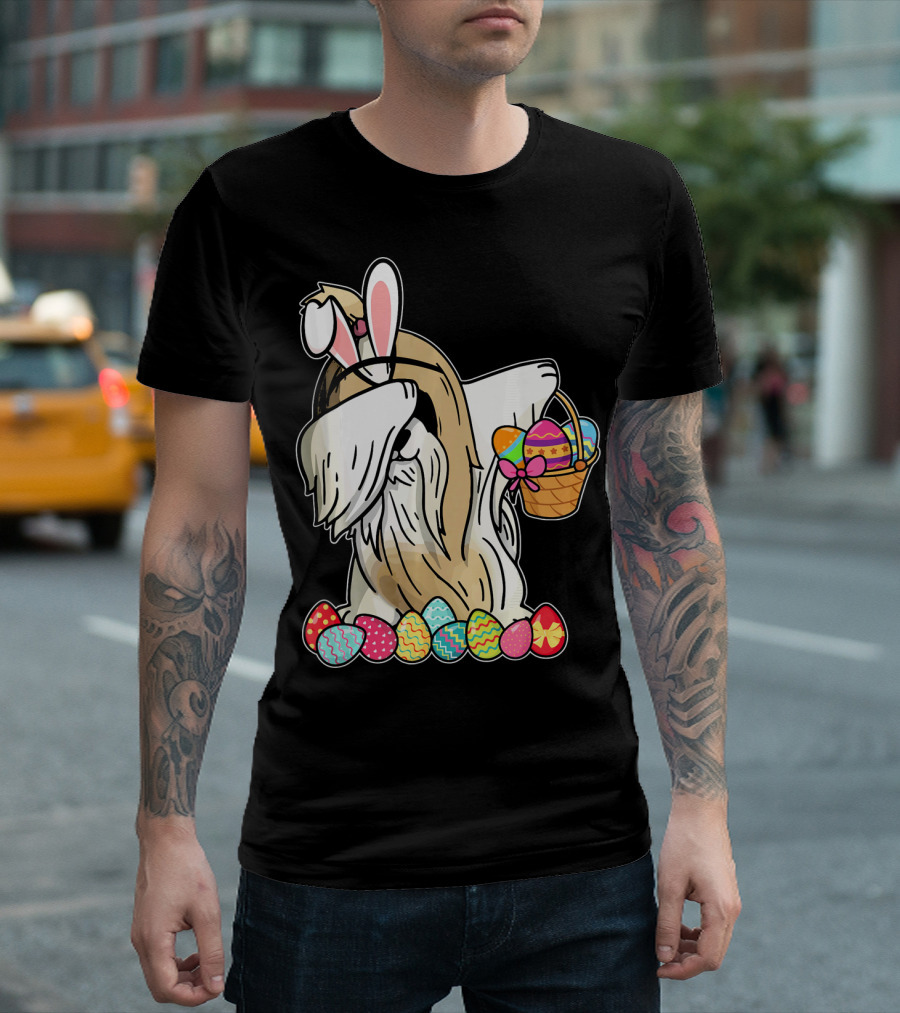 Shih Tzu Dabbing Dressed as Easter Bunny with Basket of Colorful Eggs T-Shirt