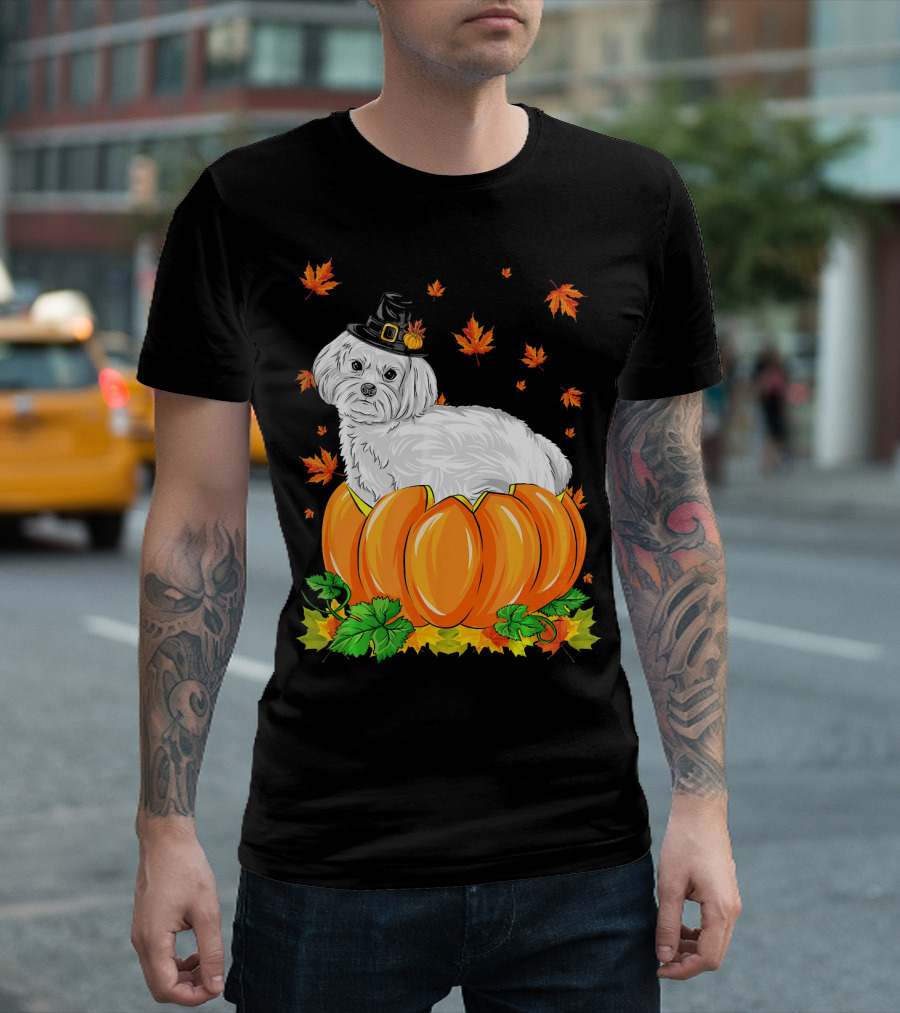 Thanksgiving Maltese Dog in Pilgrim Hat with Pumpkin and Autumn Leaves T-Shirt