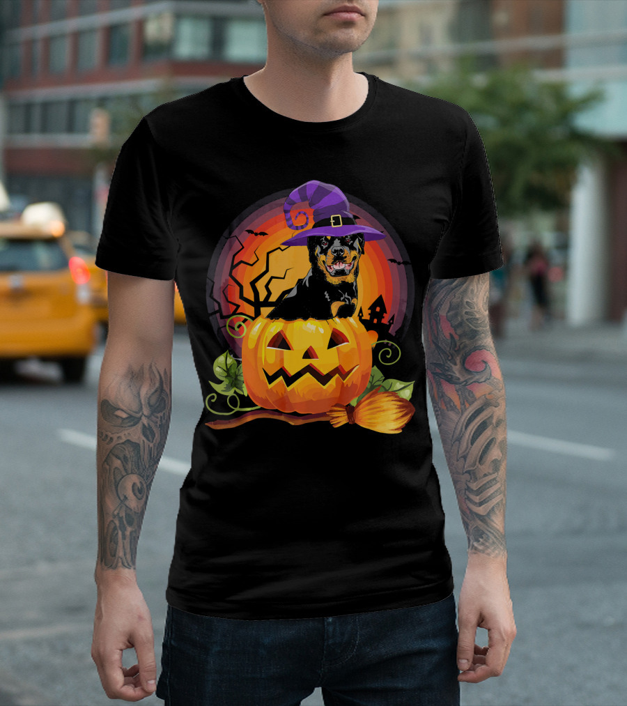 Rottweiler in Witch Hat with Pumpkin and Broom Halloween Scene T-Shirt