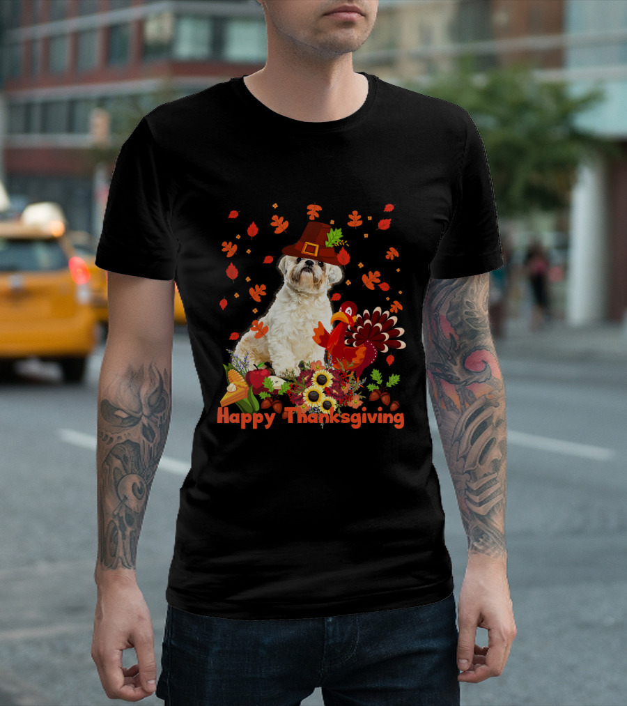 Shih Tzu Happy Thanksgiving Turkey Hat Leaves Cornucopia T-Shirt