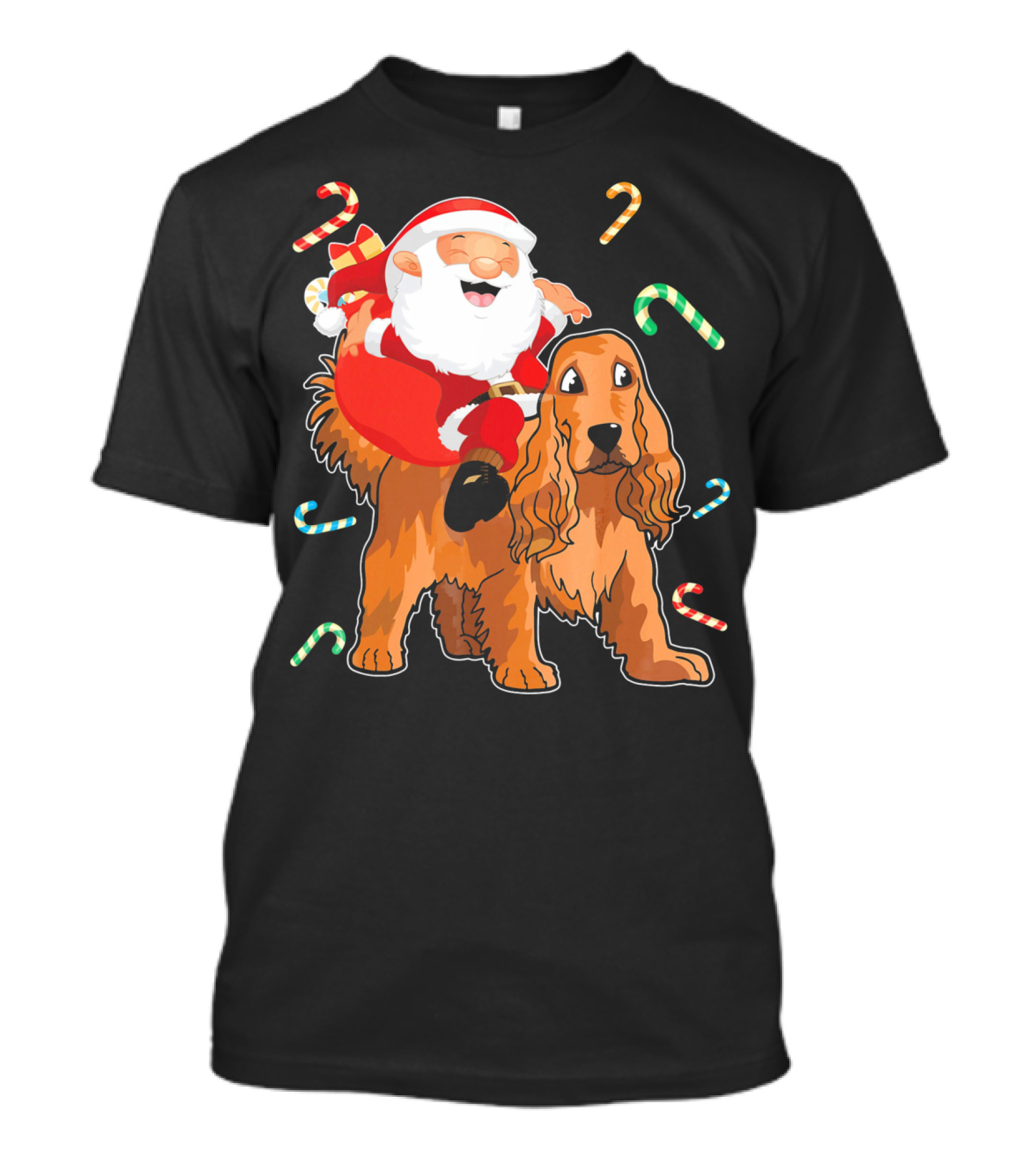 Santa Riding American Cocker Spaniel With Candy Canes T-Shirt