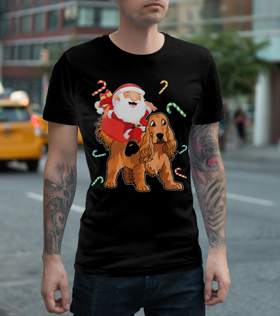 Santa Riding American Cocker Spaniel With Candy Canes T-Shirt
