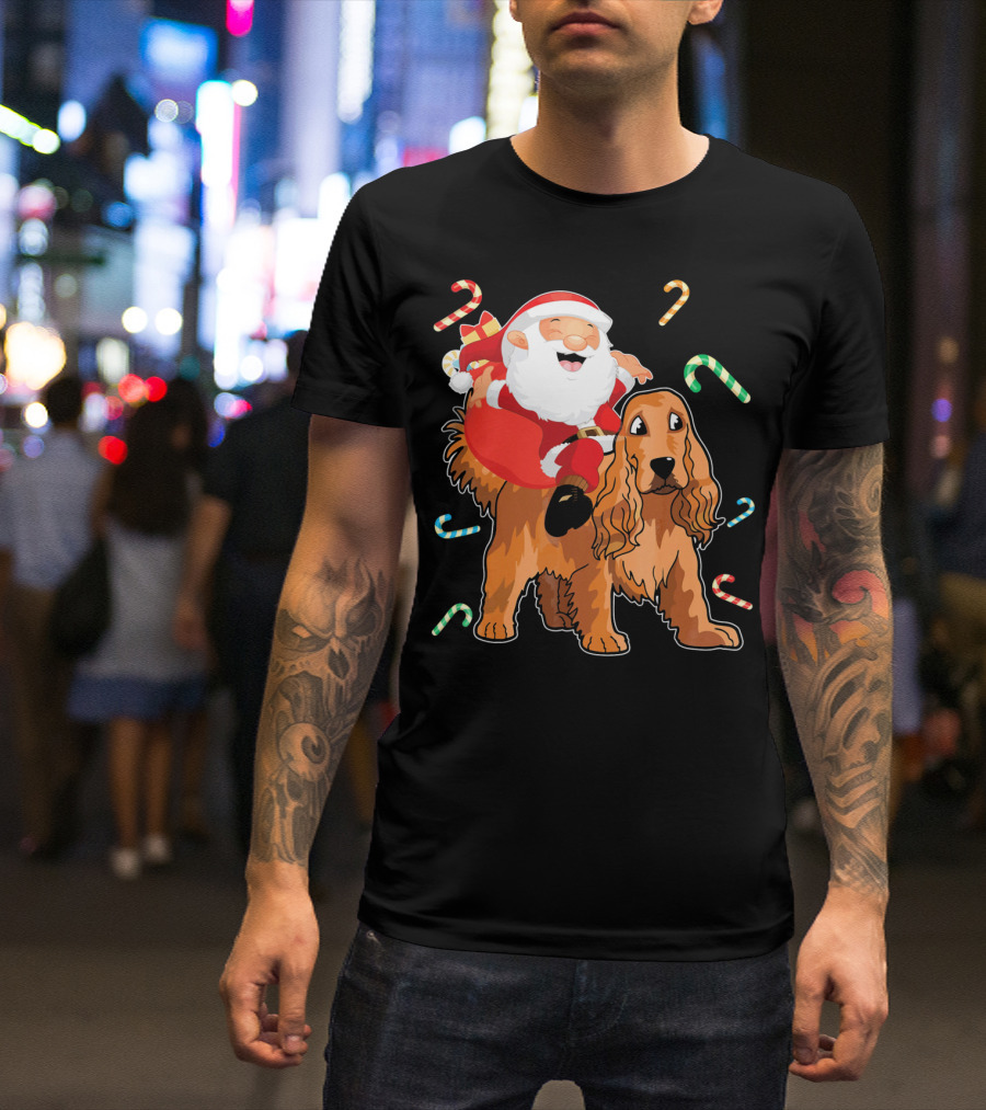 Santa Riding American Cocker Spaniel With Candy Canes T-Shirt