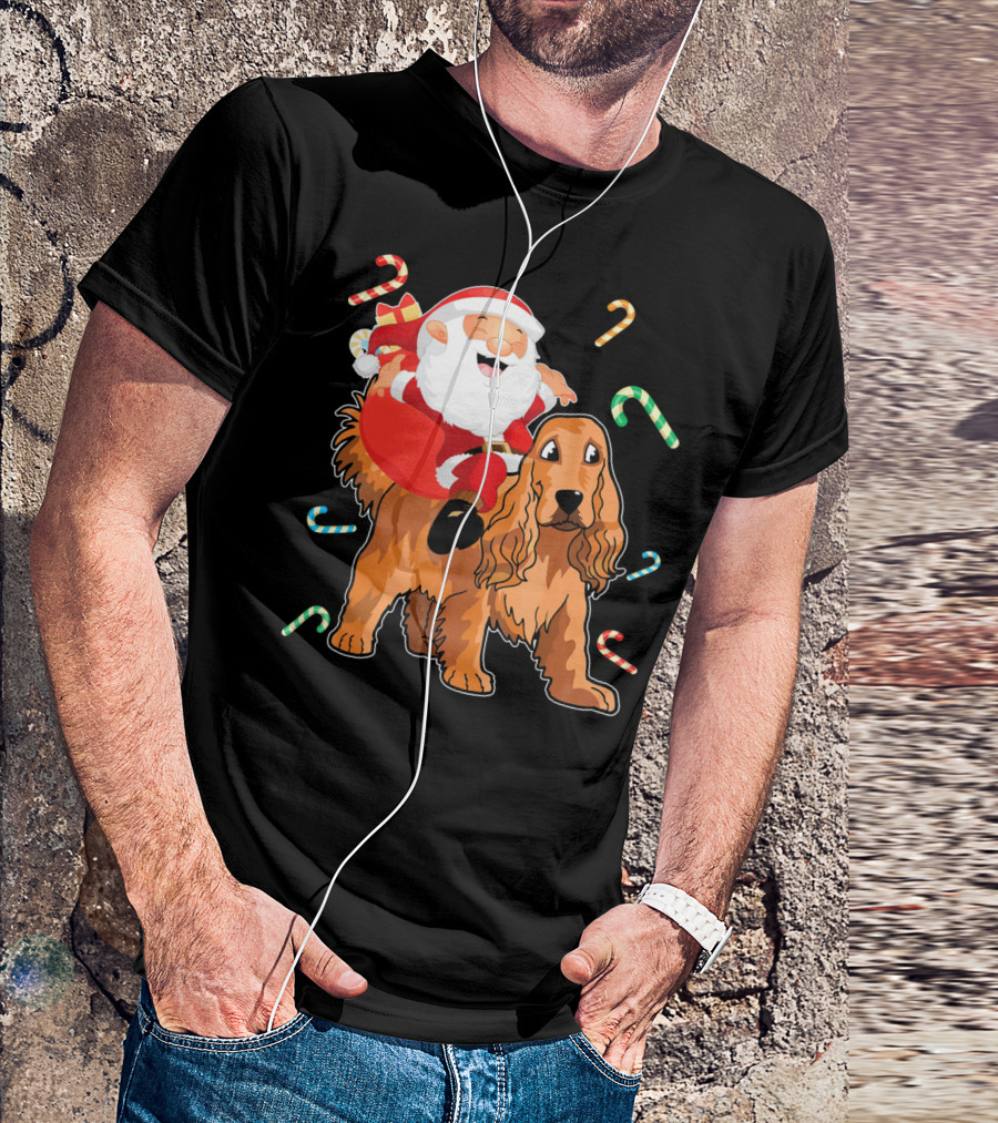 Santa Riding American Cocker Spaniel With Candy Canes T-Shirt