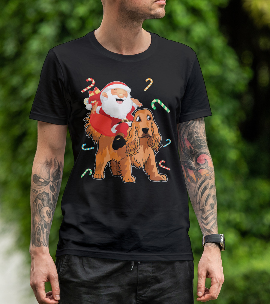 Santa Riding American Cocker Spaniel With Candy Canes T-Shirt