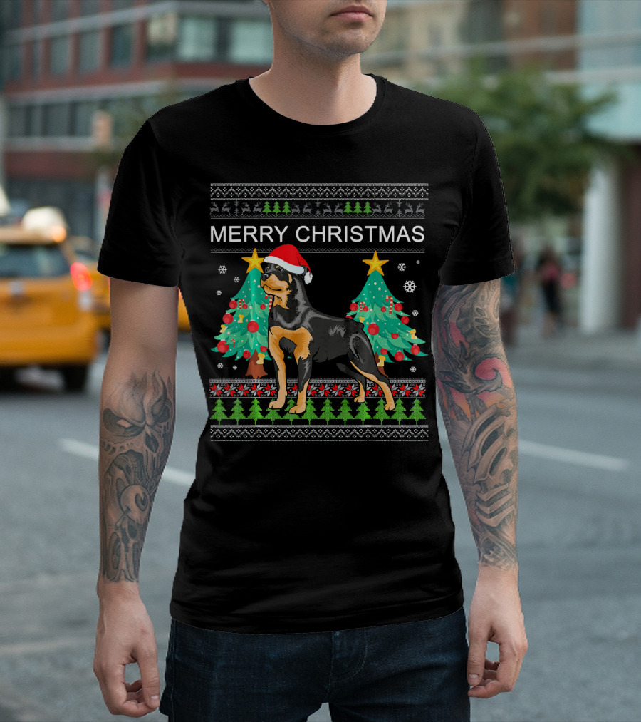 Merry Christmas Rottweiler Ugly Sweater Funny Holiday T-Shirt