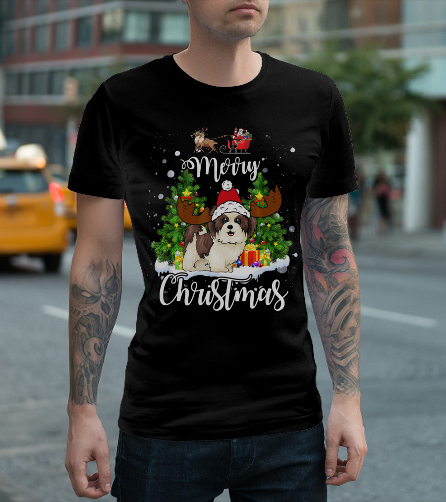 Shih Tzu Merry Christmas Santa Claus Reindeer Antlers Holiday Tree T-Shirt