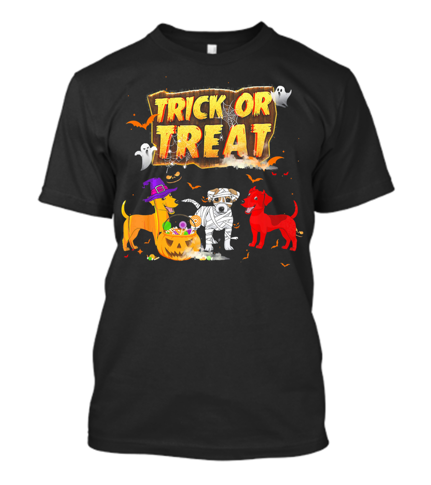 Trick Or Treat Jack Russell Trio In Halloween Costumes With Candy Pumpkin T-Shirt