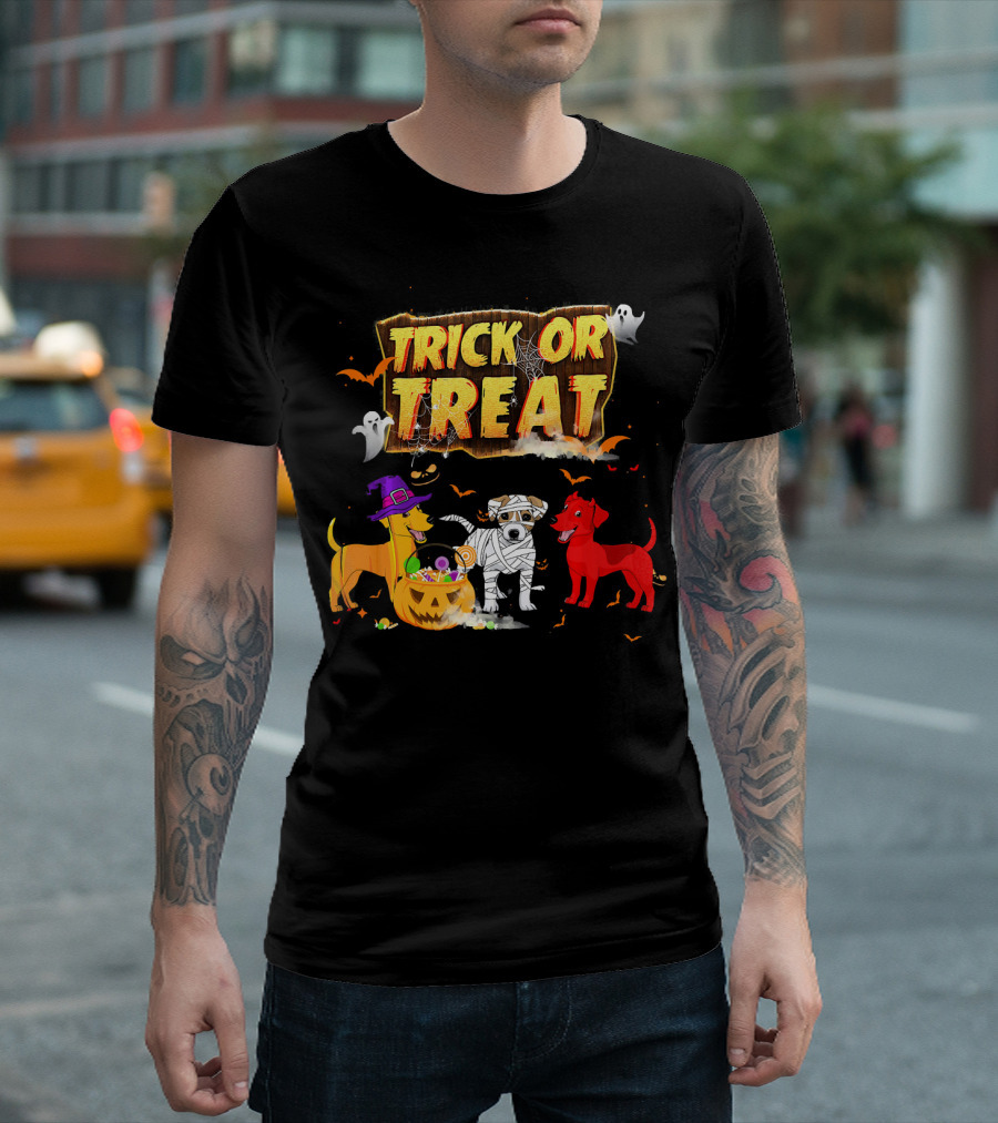 Trick Or Treat Jack Russell Trio In Halloween Costumes With Candy Pumpkin T-Shirt