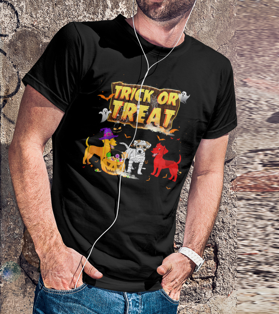 Trick Or Treat Jack Russell Trio In Halloween Costumes With Candy Pumpkin T-Shirt