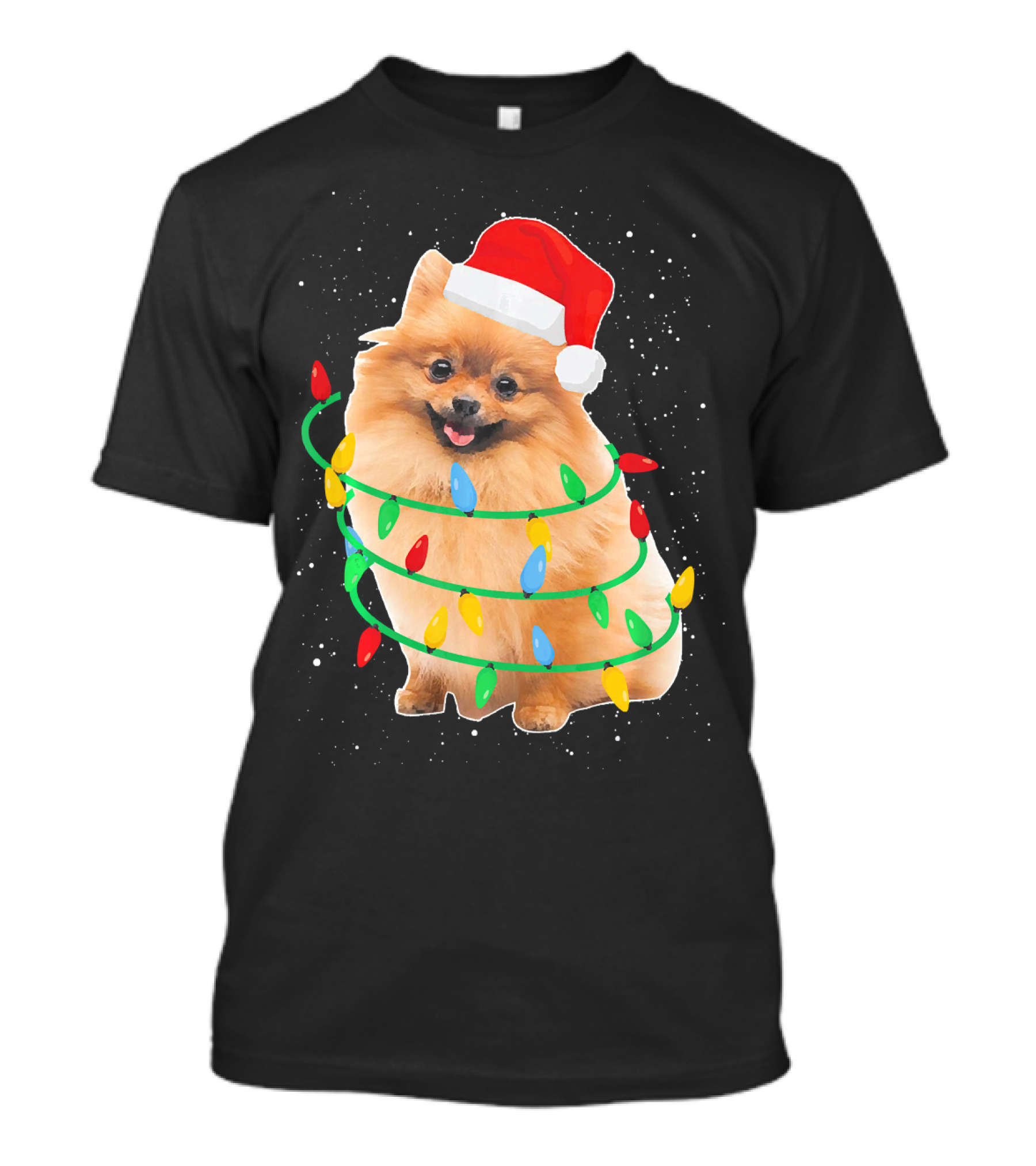 Santa Pomeranian Wrapped In Colorful Christmas Lights T-Shirt