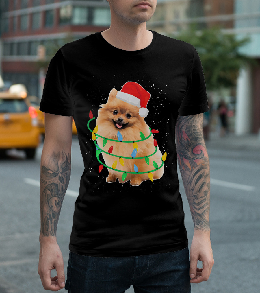Santa Pomeranian Wrapped In Colorful Christmas Lights T-Shirt