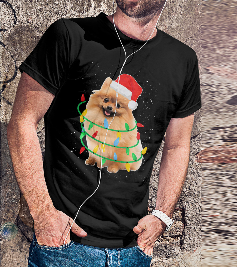 Santa Pomeranian Wrapped In Colorful Christmas Lights T-Shirt