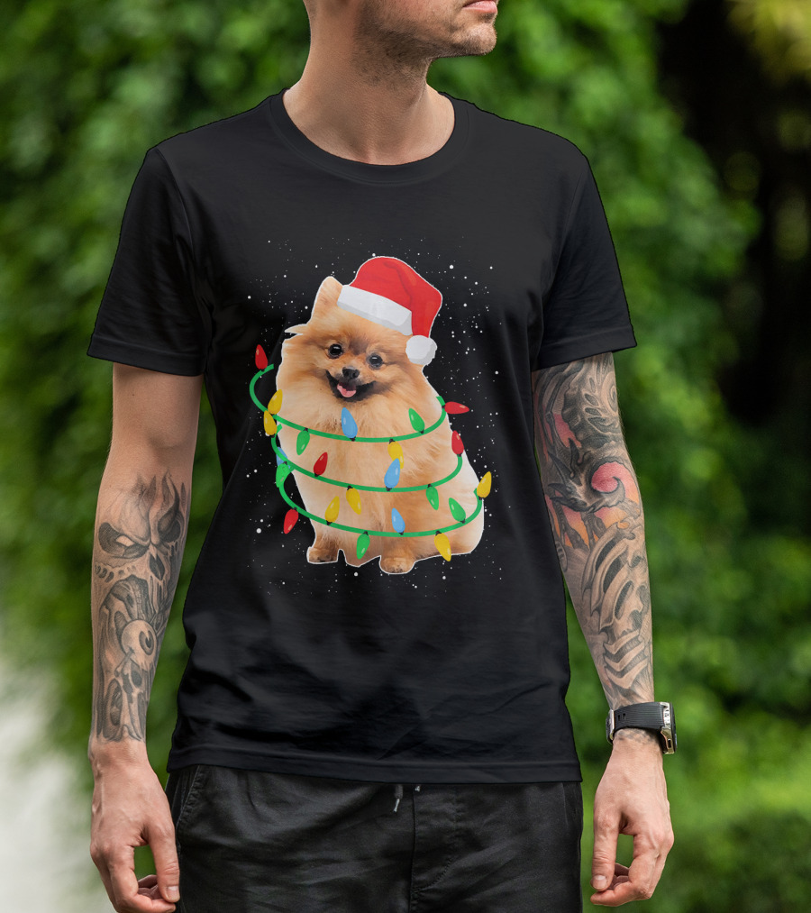 Santa Pomeranian Wrapped In Colorful Christmas Lights T-Shirt