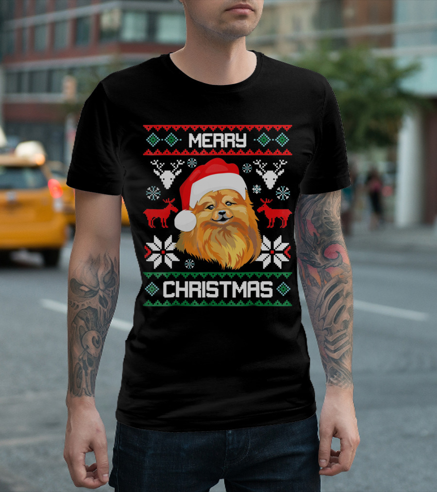 Merry Christmas Pomeranian Santa Hat Holiday Reindeer Snowflake T-Shirt