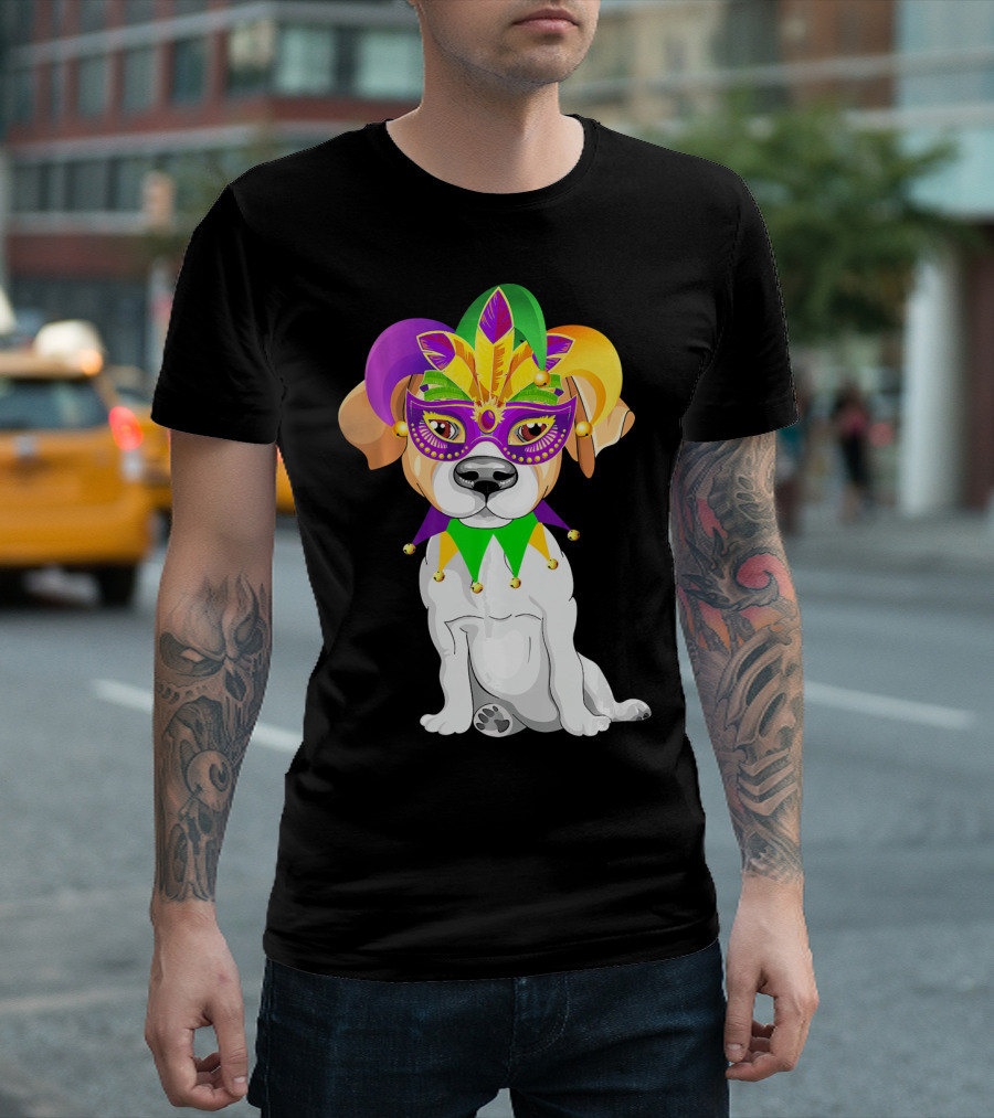 Russell Terrier in Mardi Gras Jester Costume with Mask and Jester Hat T-Shirt