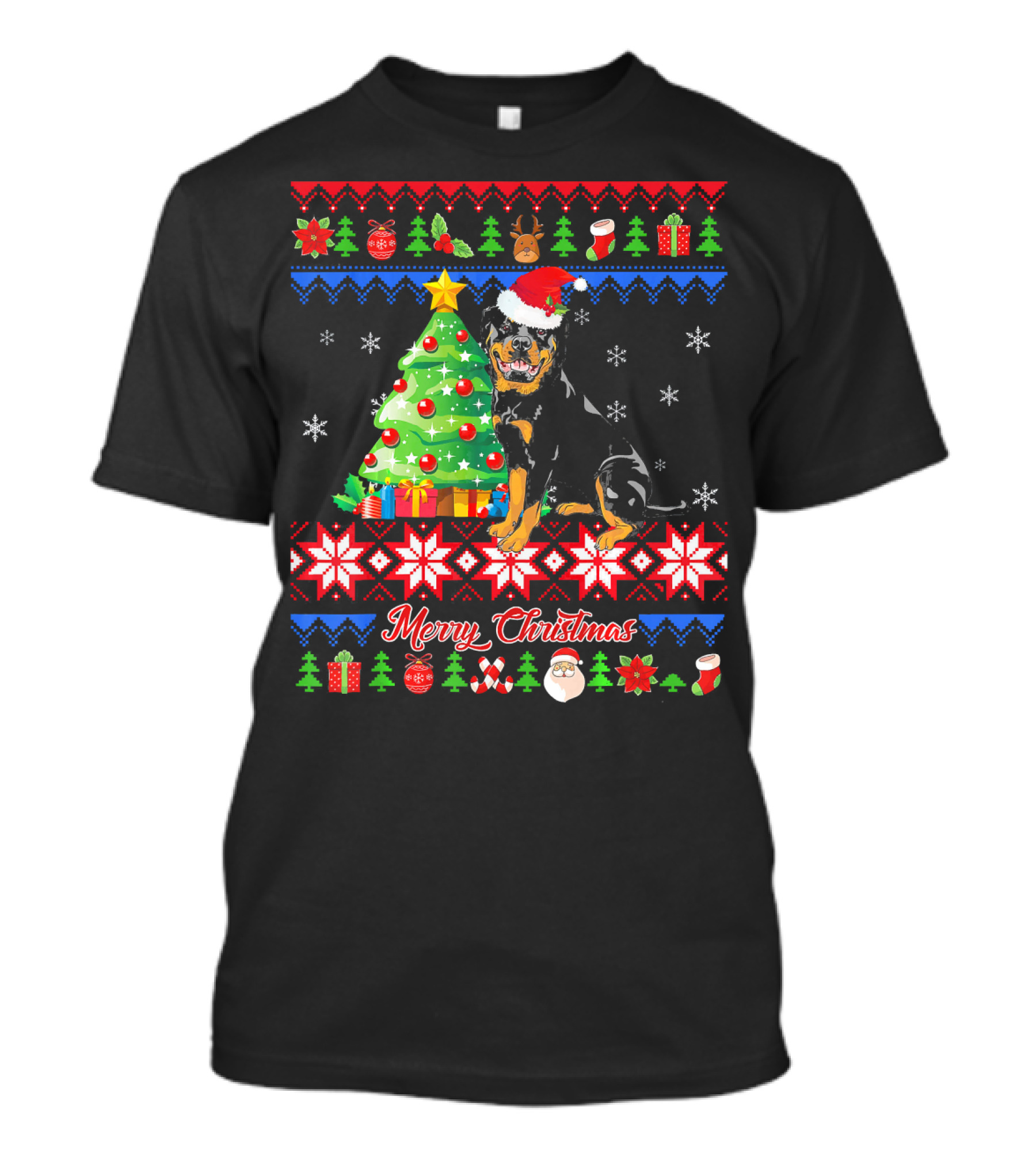 Merry Christmas Santa Rottweiler With Christmas Tree And Presents T-Shirt