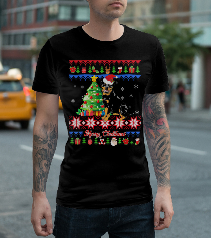Merry Christmas Santa Rottweiler With Christmas Tree And Presents T-Shirt