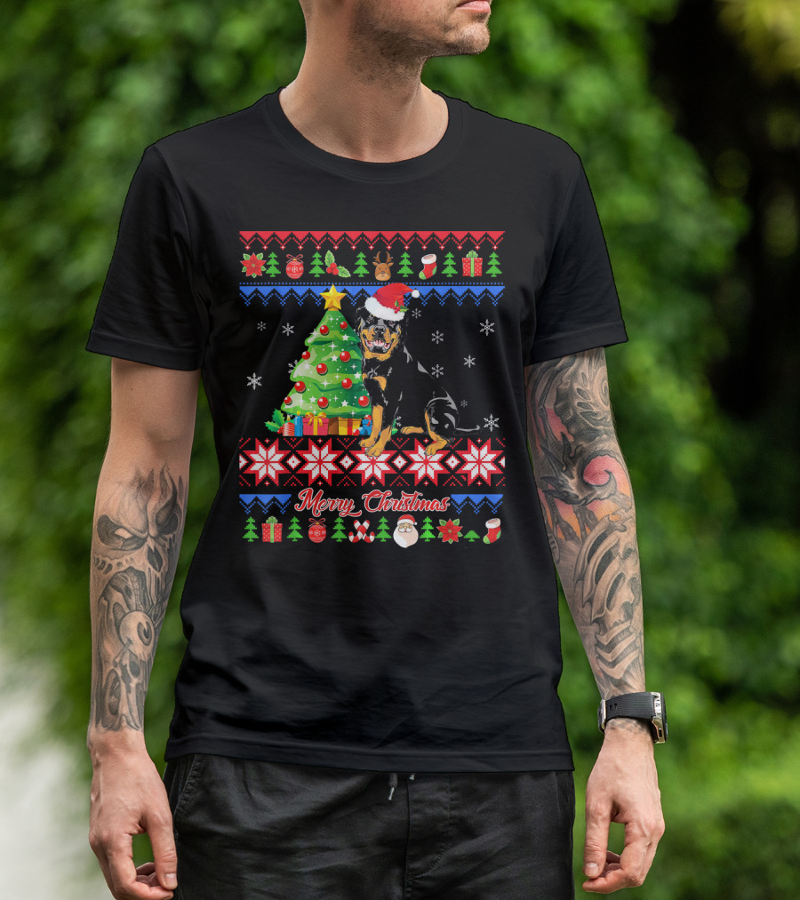 Merry Christmas Santa Rottweiler With Christmas Tree And Presents T-Shirt