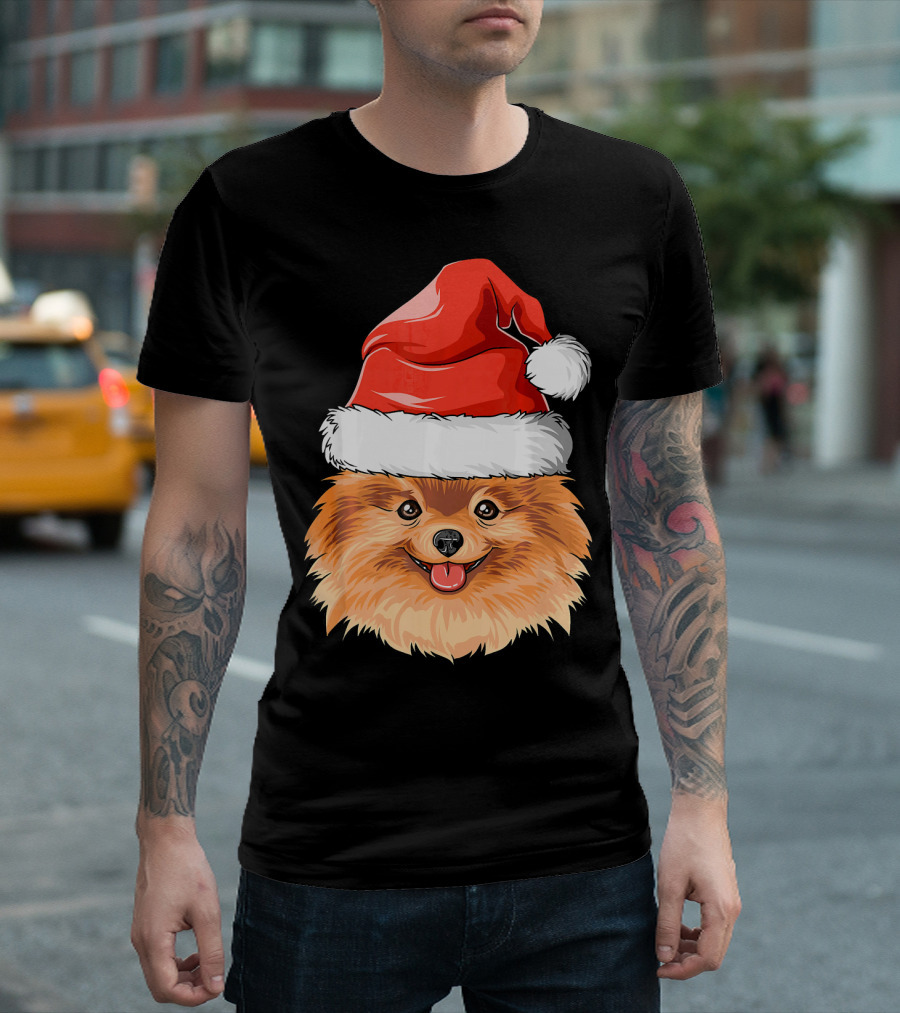 Pomeranian Christmas Santa Hat Festive Pomerania T-Shirt