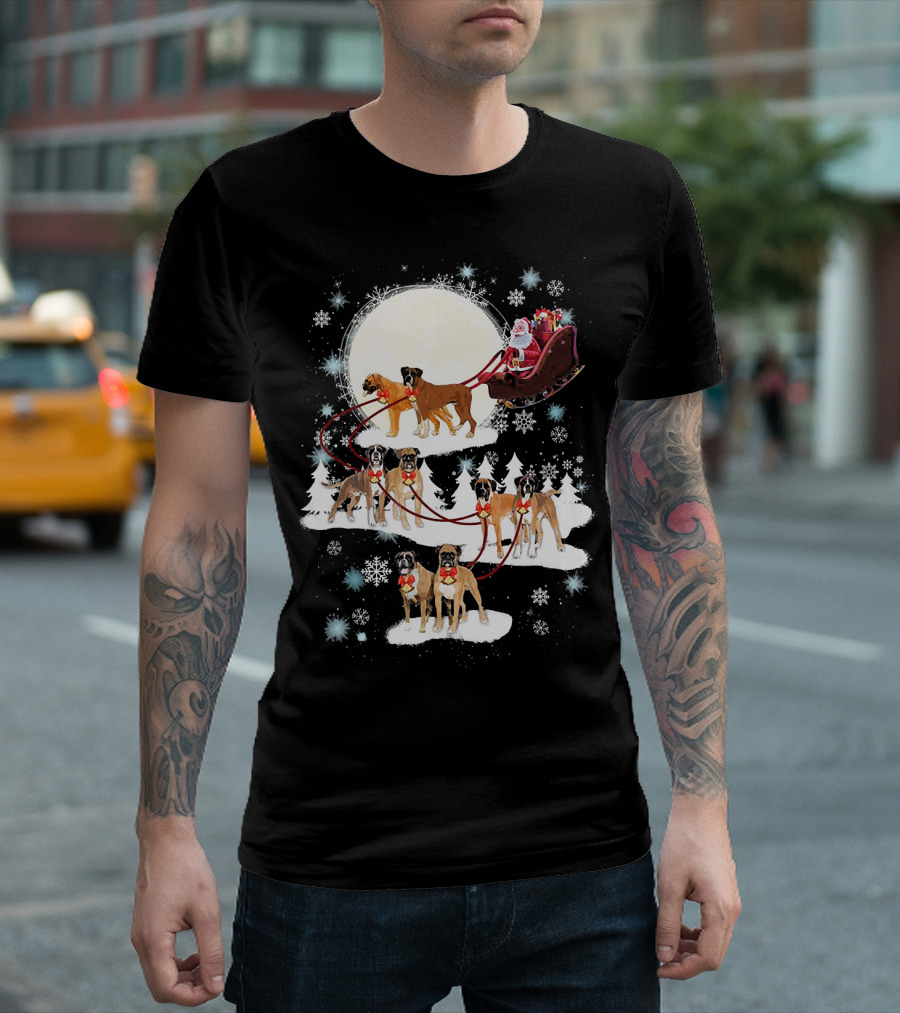 Santa Sleigh Pulled by Christmas Boxer Dogs Under Winter Moon T-Shirt