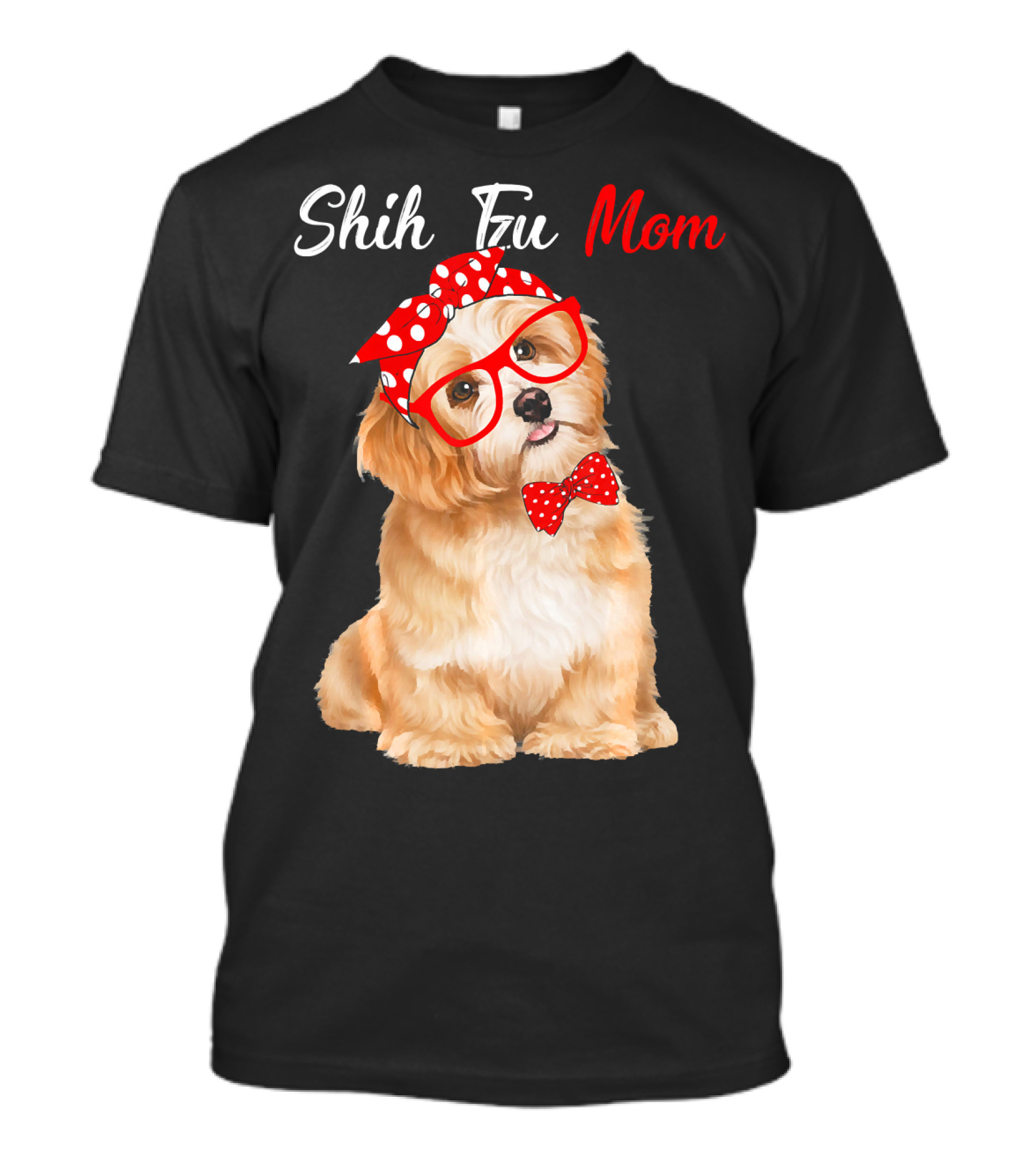 Shih Tzu Mom Cute Puppy With Red Glasses And Bow T-Shirt