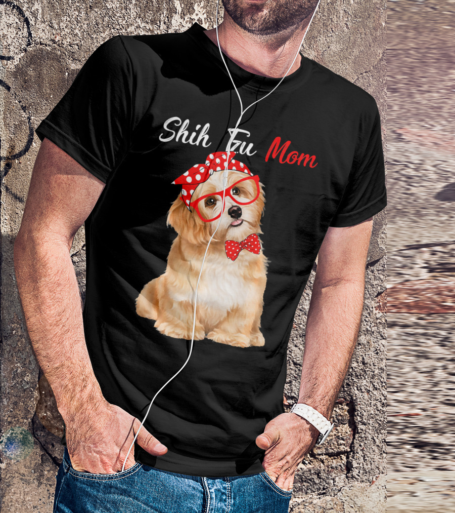 Shih Tzu Mom Cute Puppy With Red Glasses And Bow T-Shirt