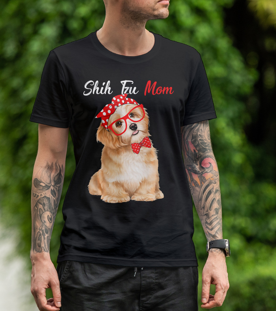 Shih Tzu Mom Cute Puppy With Red Glasses And Bow T-Shirt