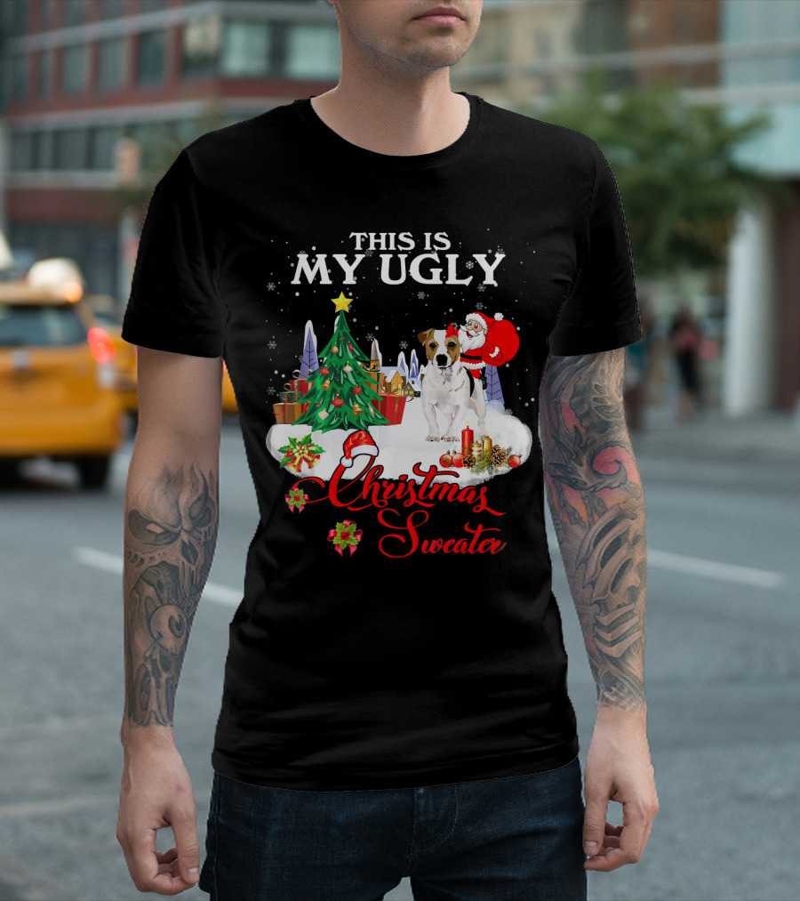 THIS IS MY UGLY CHRISTMAS SWEATER Santa Riding Jack Russell Terrier T-Shirt