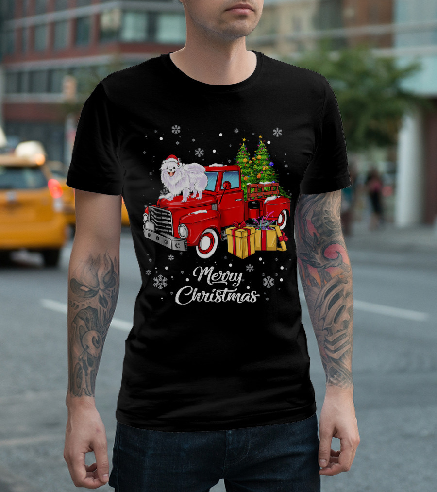Merry Christmas Pomeranian on Red Truck with Tree and Gifts T-Shirt