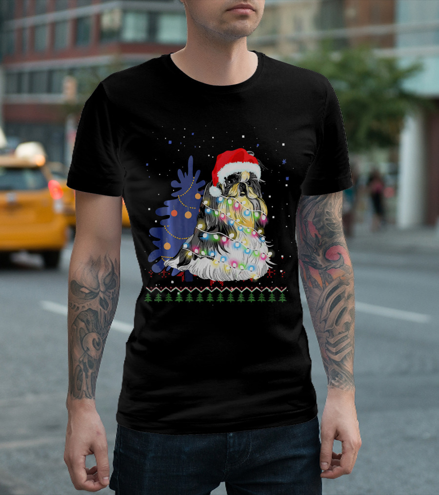 Shih Tzu Christmas Tree with Santa Hat and Holiday Lights T-Shirt