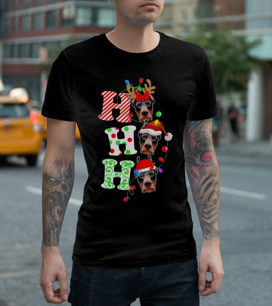 Merry Christmas Doberman Pinscher Ho Ho Ho Santa Reindeer Lights T-Shirt